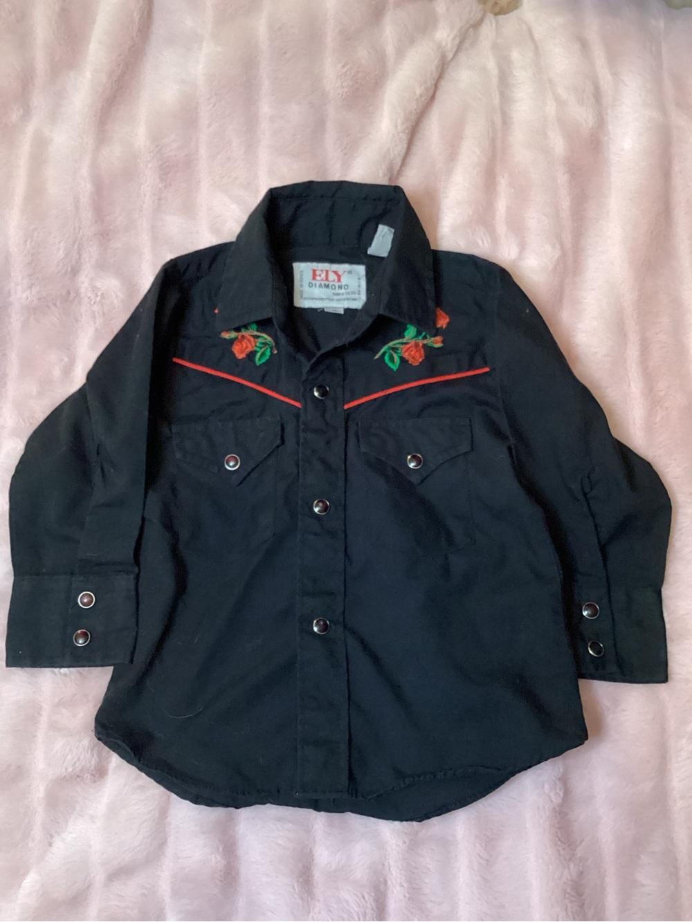 Ely Diamond Black Kids' Western Snap Shirt with Red Rose Embroidery VINTAGE